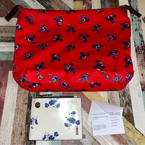 KENZO Paris Floral Leather Handbag Inside Removable Velvet Bag Coin Purse Red - Picture 9 of 12